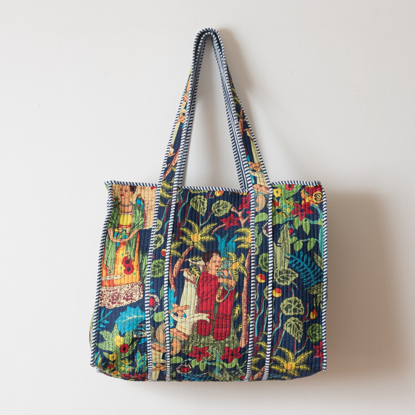 Tote Frida Azul con Cierre – Hecho a Mano en India con Algodón Orgánico y Estampado de Frida
